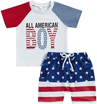 לוציקאמי תינוק תינוק 4 ביולי תלבושת תלבושת שרוול קצר מכתב טריקו טריקו + מכנסי דגל אמריקאיים מוגדרים