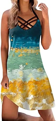 נשים קיץ חוף שמש שמלת הלטר כריס צלב סקופ צוואר עניבה לצבוע טנק שמלות ללא שרוולים קצר מיני חולצה שמלה