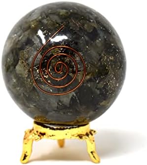 Aashita Creations Labradorite Orgone כדור כדור עם מחזיק - מגולף טבעי 50-60 ממ